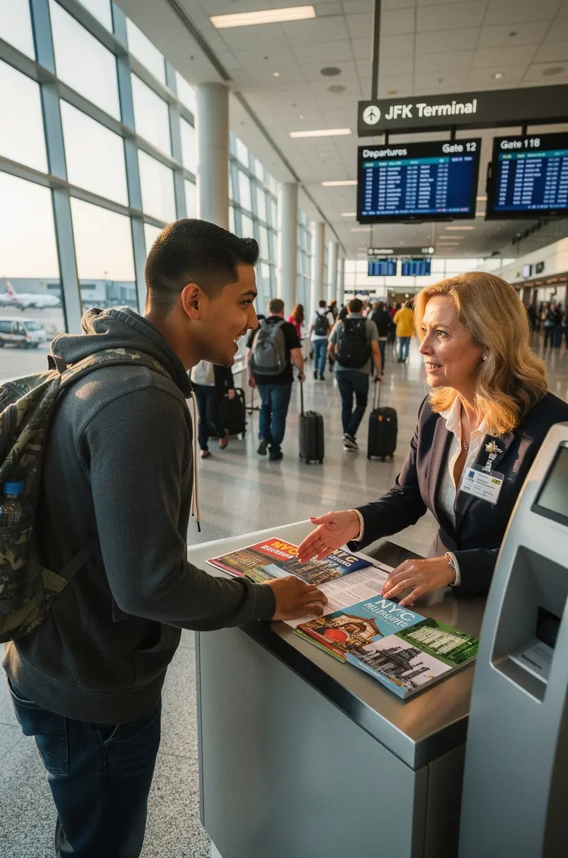 Пассажир аэропорта получает распечатанный индивидуальный маршрут из киоска офлайн-консьержа с удобными рекомендациями.