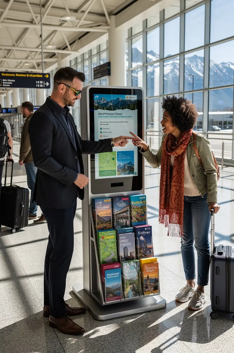 Современный киоск для туристов в аэропорту США с интерактивным экраном и меню персонализированных маршрутов.