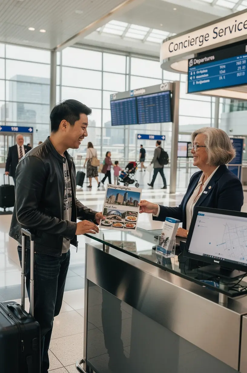 Путешественник использует киоск для печати индивидуального плана поездки по США прямо в аэропорту.